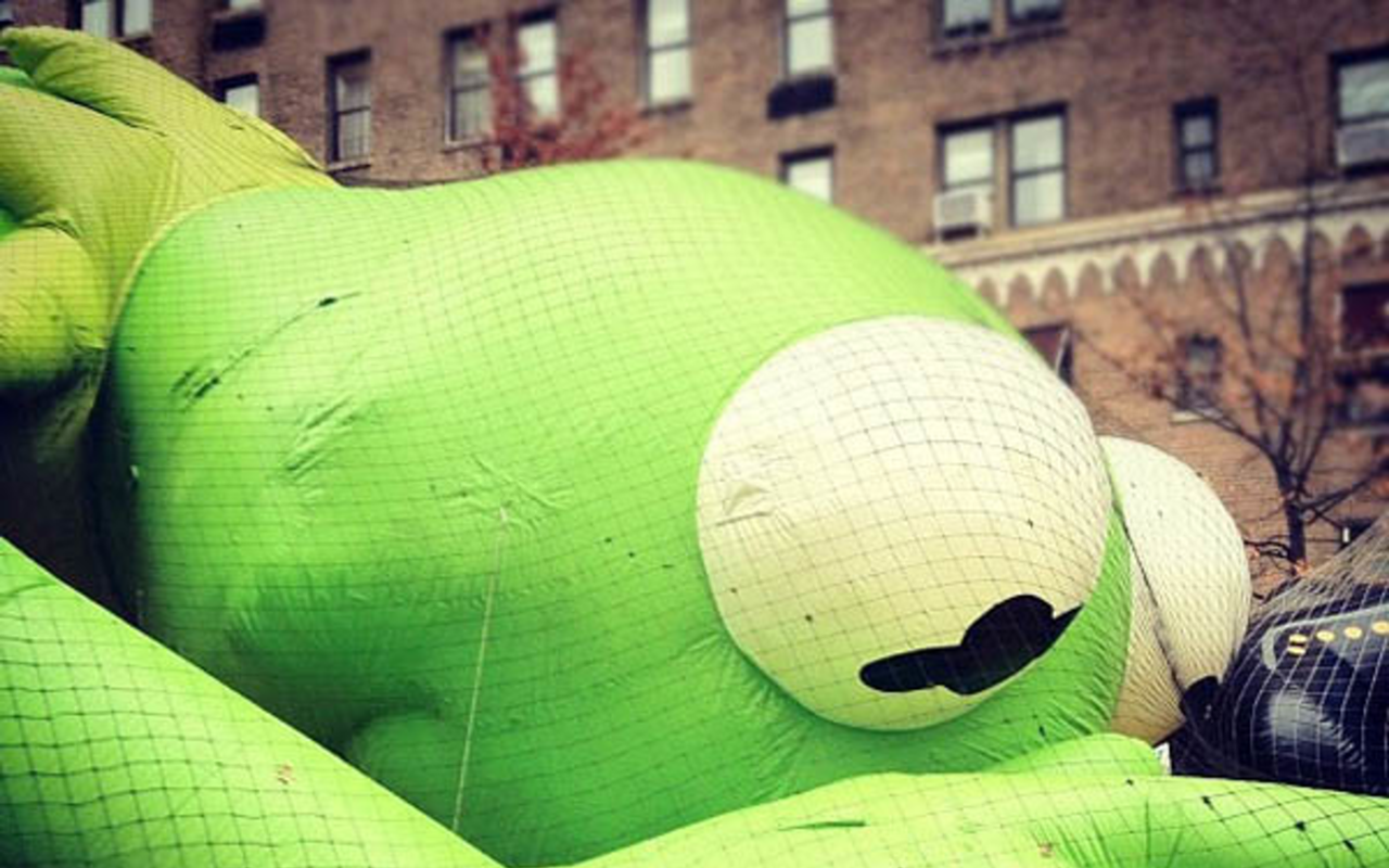 "The balloons are coming!" Kermit on his way to the 2011 Macy's Thanksgiving Day Parade.