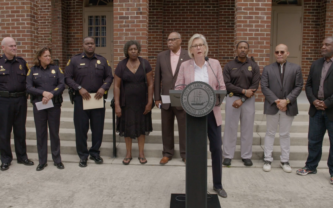 Mayor Jane Castor speaks at a press conference about the crime free multi-housing program in Tampa, Florida on April 29, 2022.