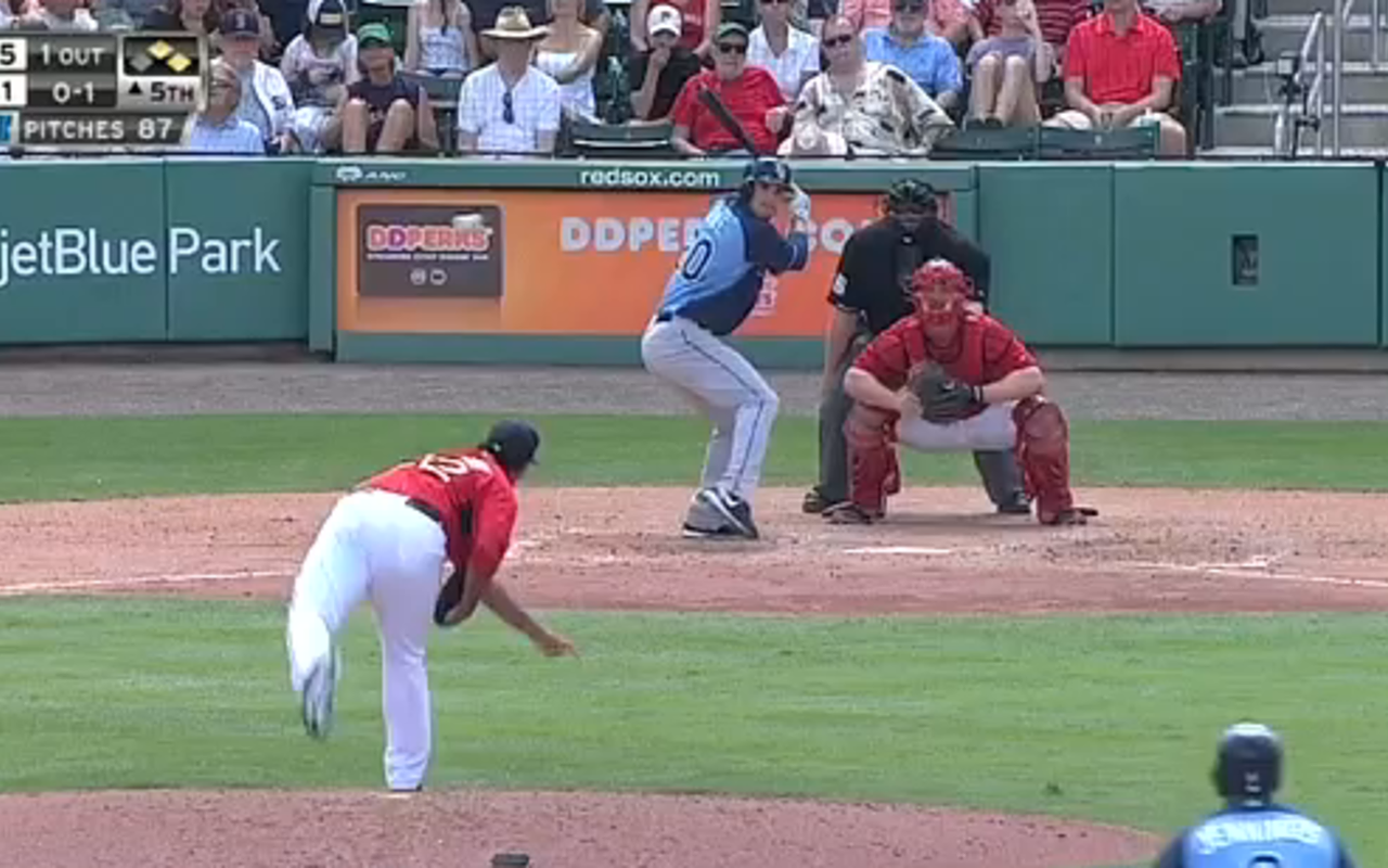 Matt Joyce hits a three-run homer in a spring training game against the Red Sox Mar. 23.