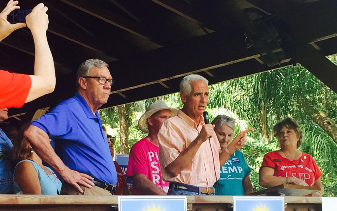Democratic candidates George Sheldon (left), Charlie Crist and Pat Kemp campaigned in Plant City on Labor Day.
