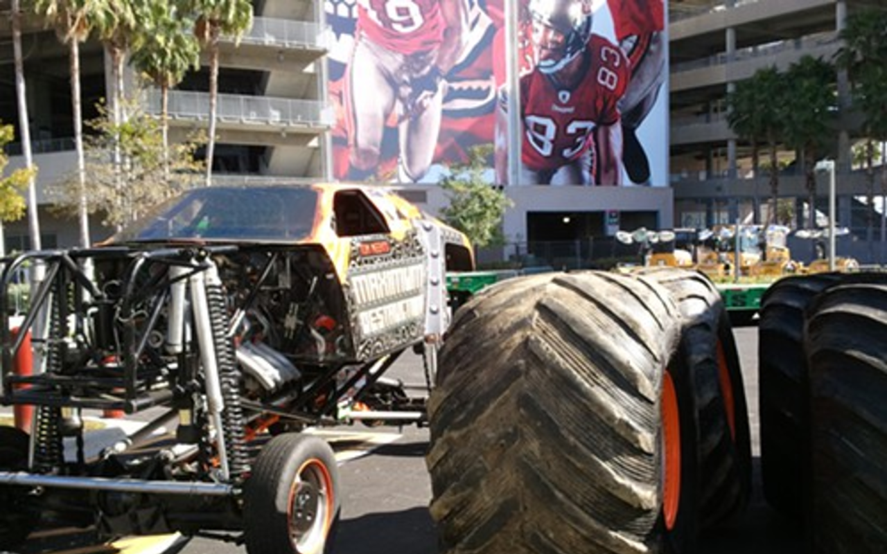 The Maximum Destruction truck of Tom Meents sits outside of Raymond James Stadium on Wednesday. Meents will attempt a back flip in the truck that weighs close to 15,000 pounds.