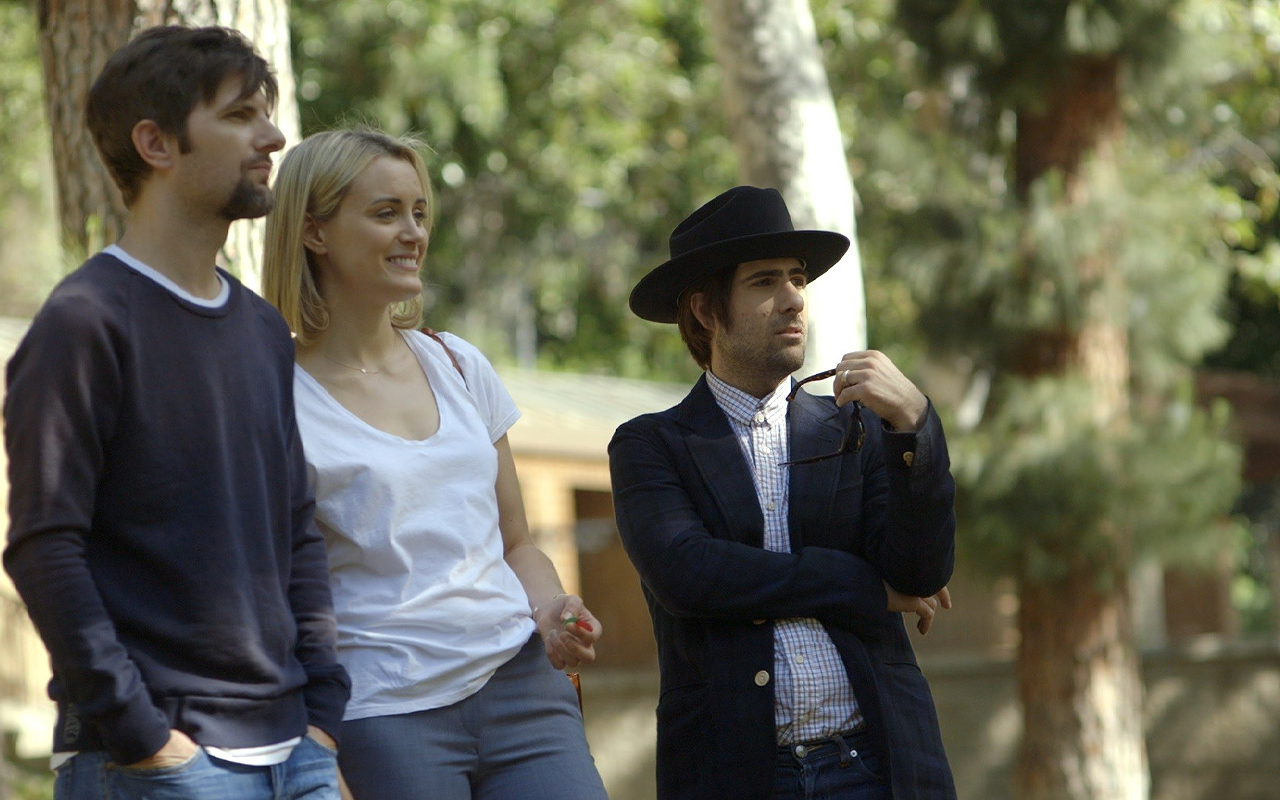 PARK PLACED: From left, Adam Scott, Taylor Schilling and Jason Schwartzman before the slumber party of their lives.
