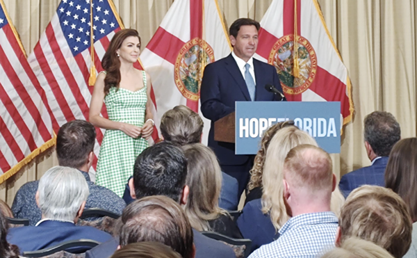 Casey DeSantis and Ron DeSantis speaking in Tampa on July 29, 2024.