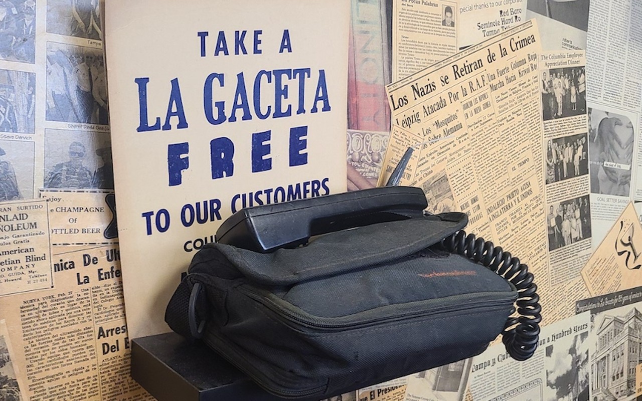 La Gaceta's first "bag phone" inside its headquarters in Ybor City, Florida.