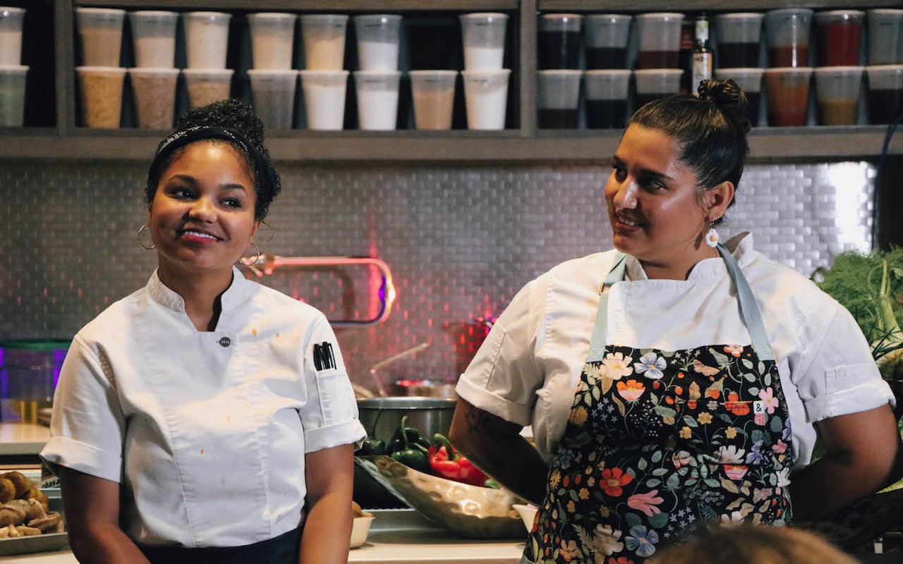 Jada Vidal (L) and Adrianna Siller during Feeding Tampa Bay's 'Epic Chef' finale at the Epicurean Theatre in Tampa, Florida on July 17, 2024.