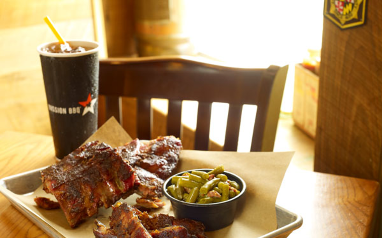 Ribs and green beans with bacon are among the fare at Mission BBQ.
