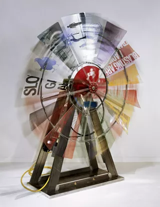 Robert Rauschenberg, Eco-Echo VIII, 1992-93. acrylic and screenprinting ink on aluminum and Lexan, with sonar-activated motor. 88 x 73 x 26 in. Collection of Ruth and Don Saff.