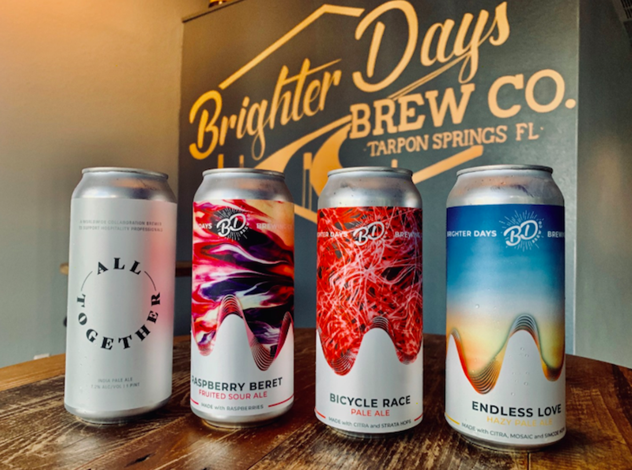 Brighter Days Brewing Co.
311 N. Safford Ave., Tarpon Springs, (727) 698-0309 
Beer lovers can visit the new Brighter Days Brewing Co., to check out q vast selection of unique brews served in bright can designs. Some offerings include the Raspberry Beret sour ale, Bicycle Race pale ale and Endless Love hazy pale ale.
Photo via Brighter Days Brewing Co./Facebook