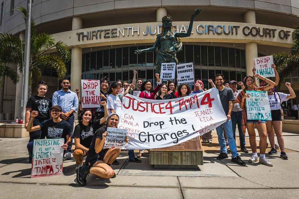 Protesters outside the Hillsborough County Courthouse in Tampa, Florida on May 17, 2023.