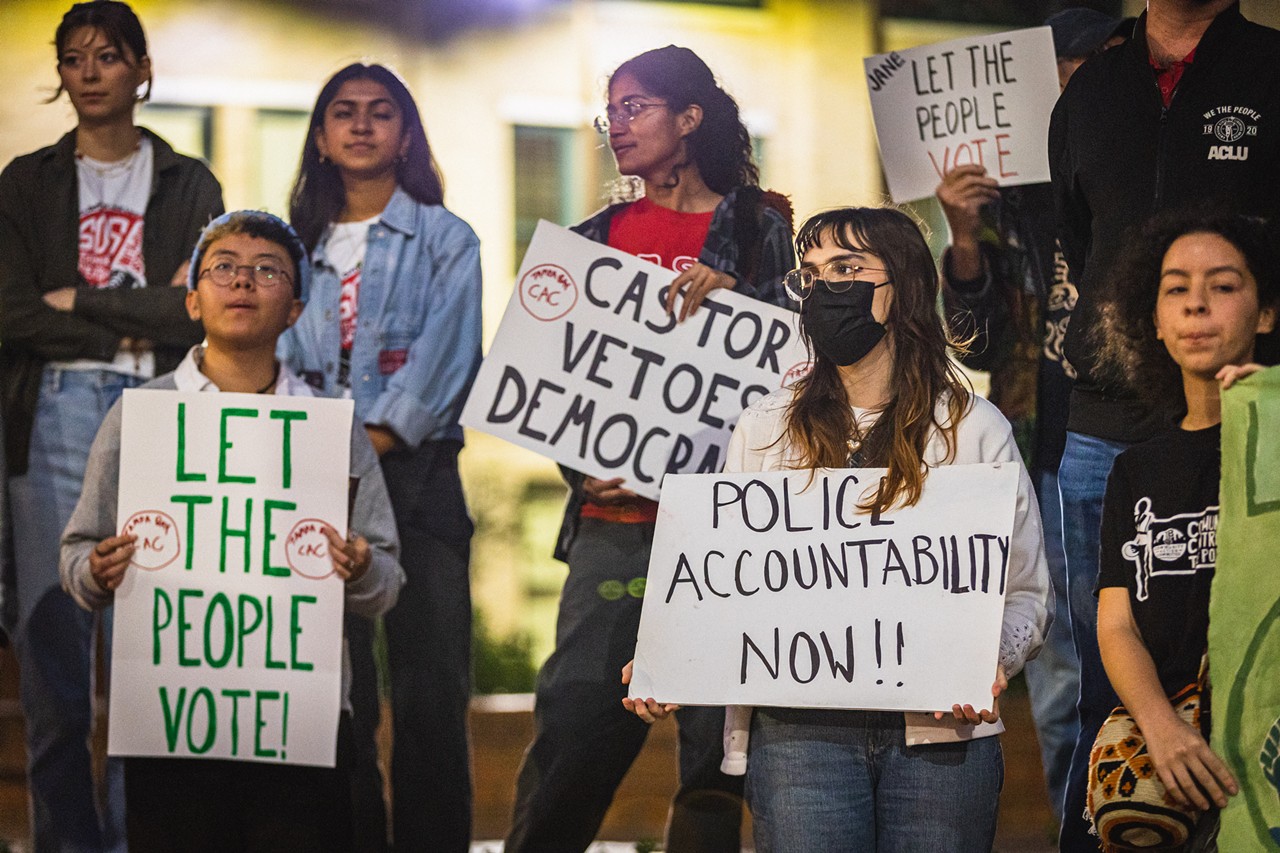 Photos: After controversial vetoes, activists gather outside Tampa City Hall to say 'Castor Suppresses Votes'