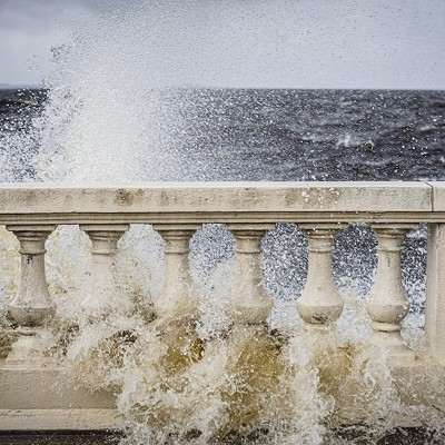 Waves crash on Bayshore Boulevard in Tampa, Florida on Sept. 26, 2024.