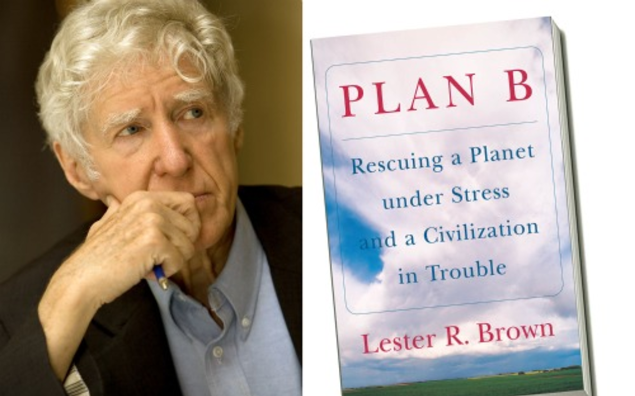 Lester R. Brown's "Plan B" is an integrated program with four interdependent goals: drastically cutting carbon dioxide emissions, stabilizing population, eradicating poverty, and restoring the Earth’s natural systems. Pictured: Mr. Brown and the first Plan B book, published in 2003. There have been three subsequent editions.