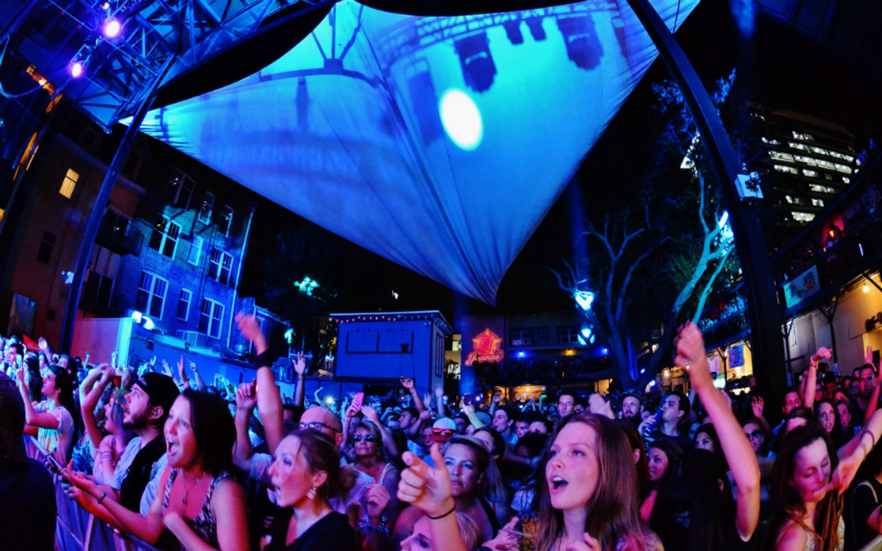 A crowd in the front row of Jannus Live, a popular outdoor venue downtown.