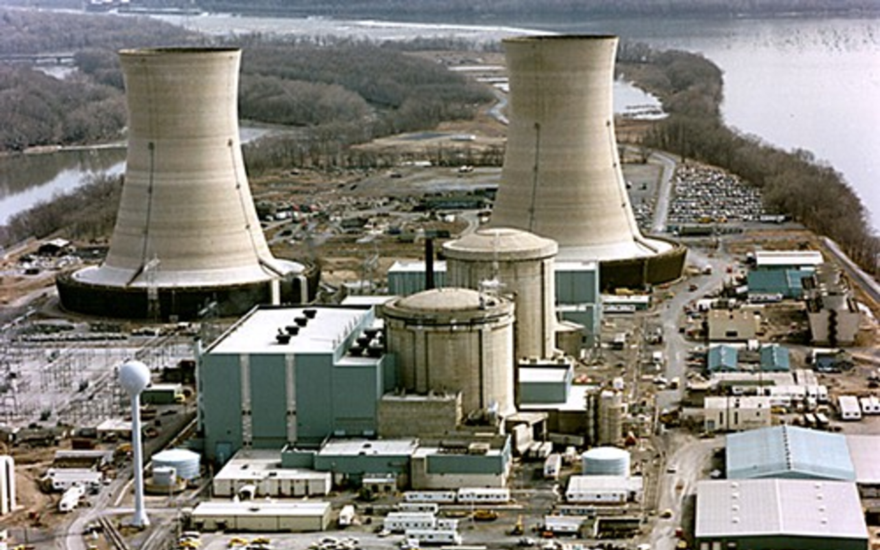 The non-profit organization, Beyond Nuclear, calls nuclear power "counterproductive to efforts to address climate change effectively and in time" and says that funding diverted to nuclear deprives real climate change solutions, like solar, wind and geothermal energy, of essential resources. Pictured: The Three Mile Island nuclear generating station, circa 1979 near the time it suffered a partial meltdown.