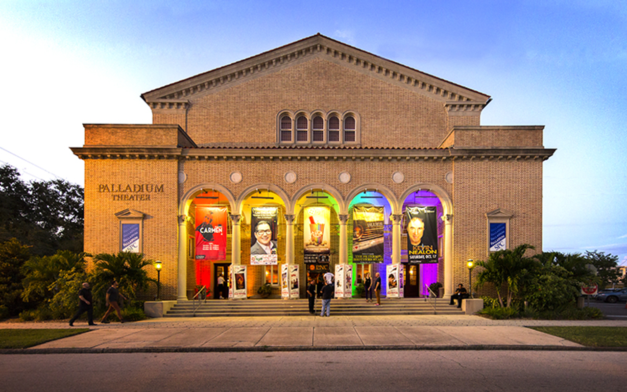The Palladium Theatre is dressed in rainbow colors for the Tampa Bay International Gay and Lesbian Film Festival.