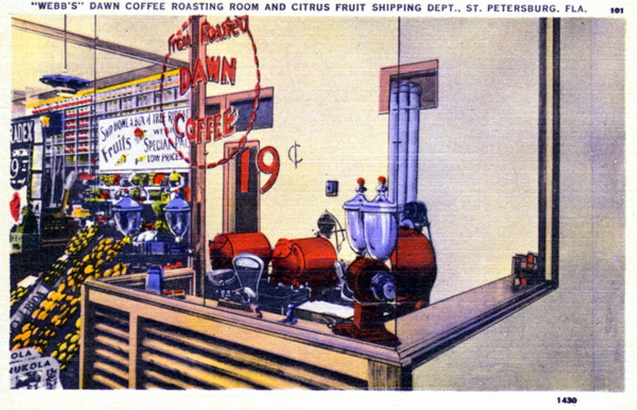 Webb's dawn coffee roasting room and citrus fruit shipping department - Saint Petersburg, Florida. Date unknown.