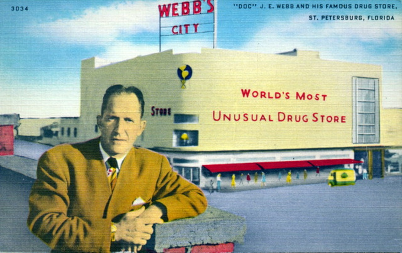 Webb's City
Billed as the "World's Most Unusual Drug Store," Webb's City opened to the public in 1925 by James Earl "Doc" Webb as a small and modest storefront at the corner of 9th Street and 2nd Avenue South in St. Petersburg, Florida (basically justy parking lots near the Trop now). Long before stores like Walmart and Costco came along, Webb's motto was "Stack it high and sell it cheap," and it worked. A true master at getting thousands through the doors, over the following years Webb would expand his store to include insane attractions like dancing chickens, chimp acts, baseball playing ducks, a "live" mermaid show, three-cent breakfasts and more. He even sold $1 bills to customers for 95 cents.