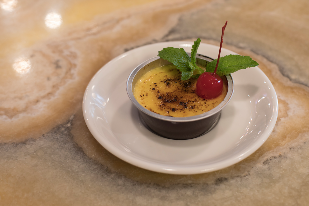 Imported from the neighboring (swah-rey), the crème brûlée is standard issue.