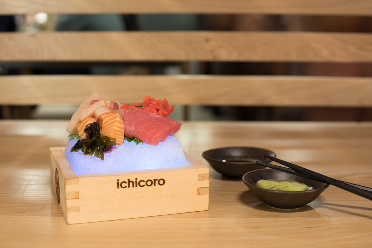 Omakase sashimi is a chef's selection of hamachi, tuna and salmon belly.