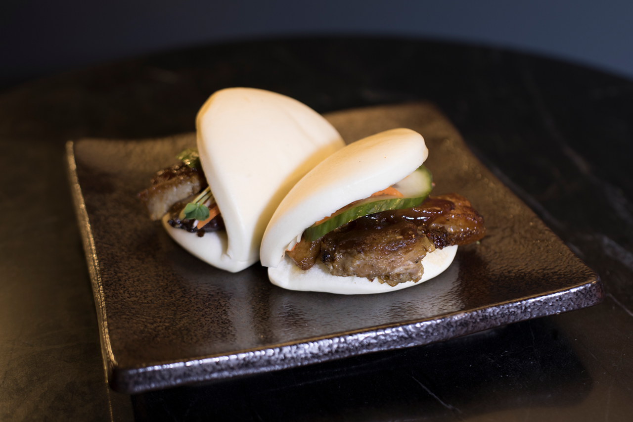 Chashyu bao is a duo of steamed buns filled with lush pork belly, hoisin sauce and oshinko (Japanese pickle).