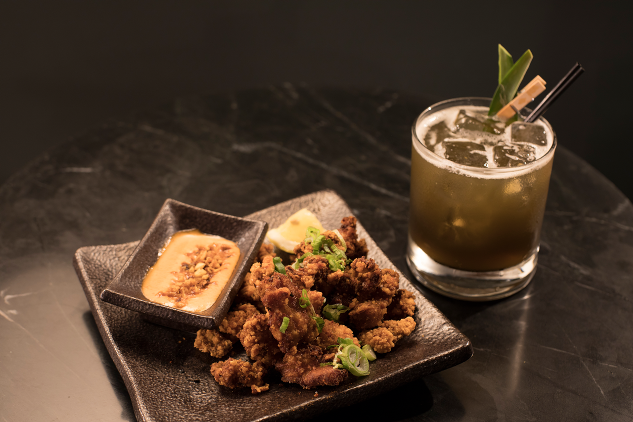 As does the crispy chicken karaage, pictured with the inventive Black Mage cocktail.