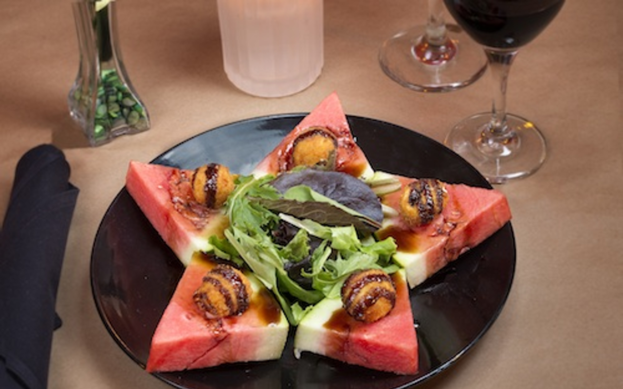 Goat cheese and watermelon appetizer.
