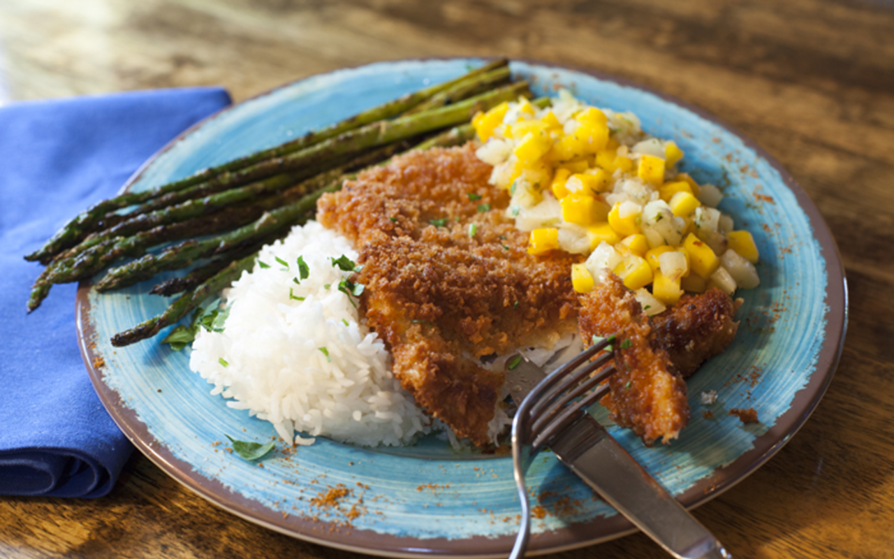 Fish's panko-crusted grouper with mango-pineapple salsa and more.