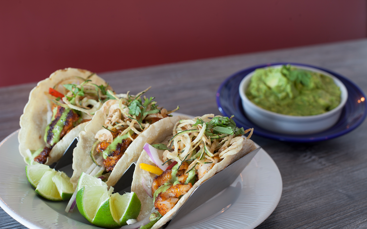 Marina Cantina's blackened grouper tacos highlight jicama slaw, jalapeño salsa and zucchini straws.