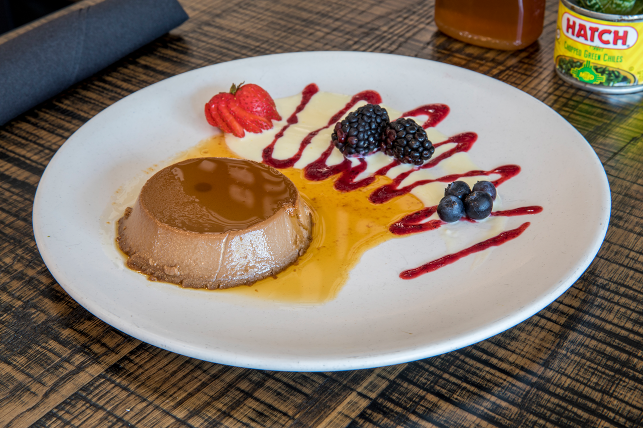 Featuring two sauces and fresh fruit, the best-looking plate of the night is the classic flan with a custard more creamy than dense.