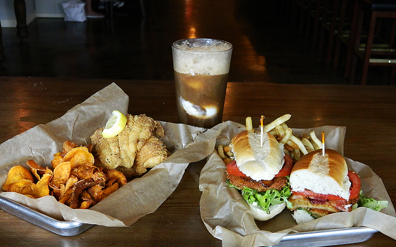 TOOTHSOME THREESOME: Local Public House’s fried catfish, root beer float and fried green tomato BLT.