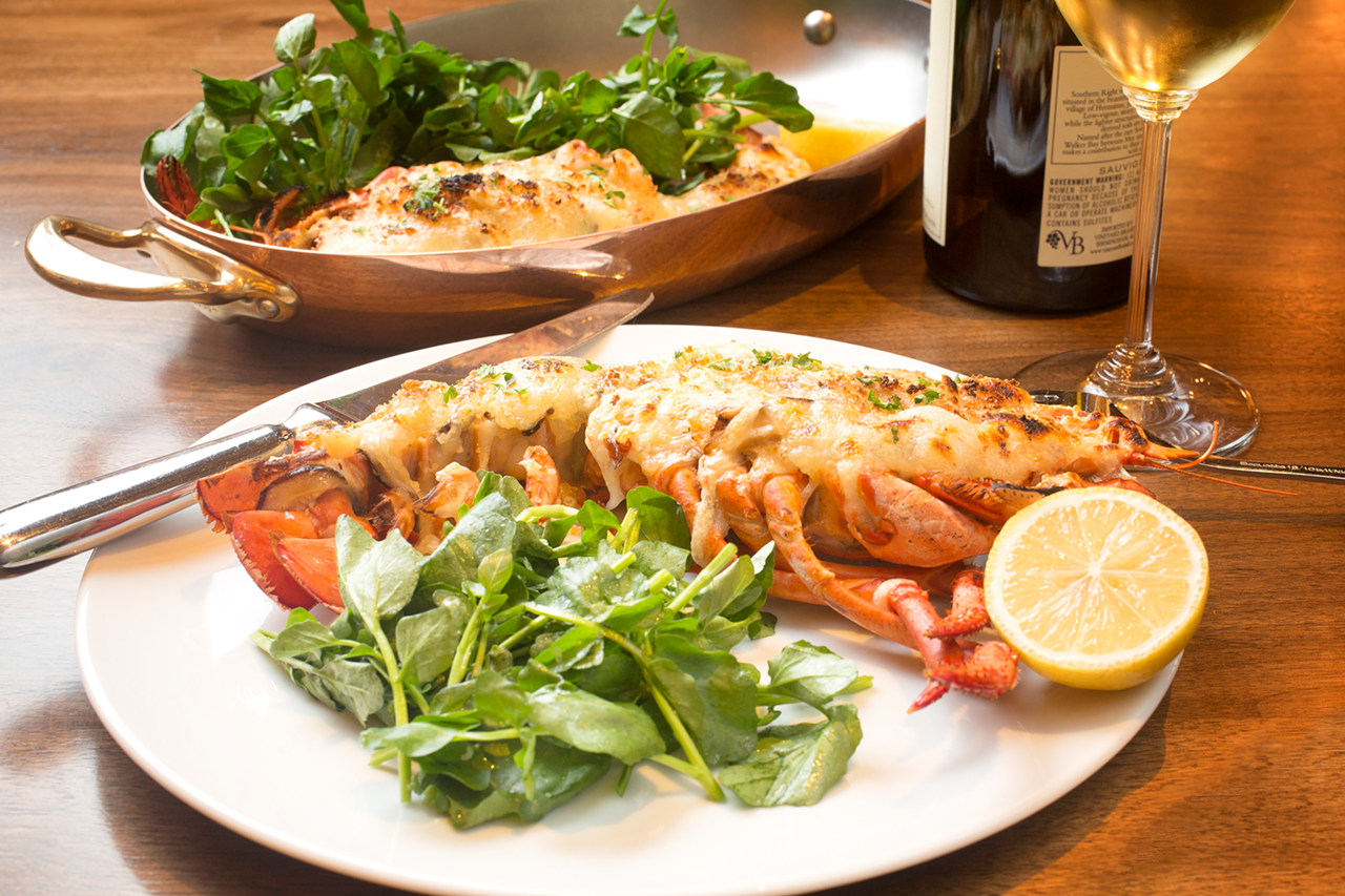 Lobster Thermidor with watercress, sherry béchamel and fontina.