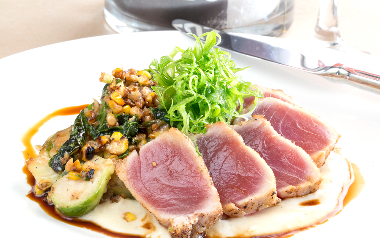 The Ox & Fields five-spice seared tuna features sweet corn, Brussels sprouts ragout and more.
