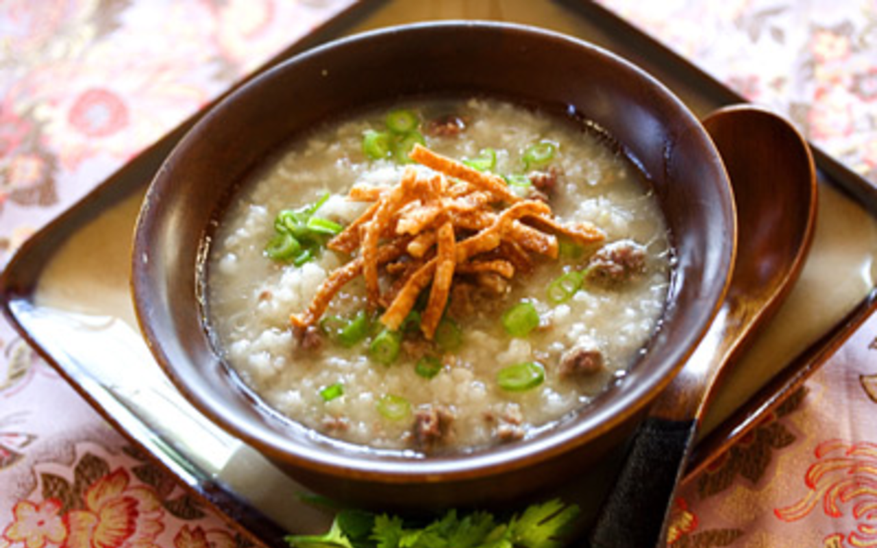 BREAKFAST OF CHAMPIONS: We started each morning with a bowl of beef congee..