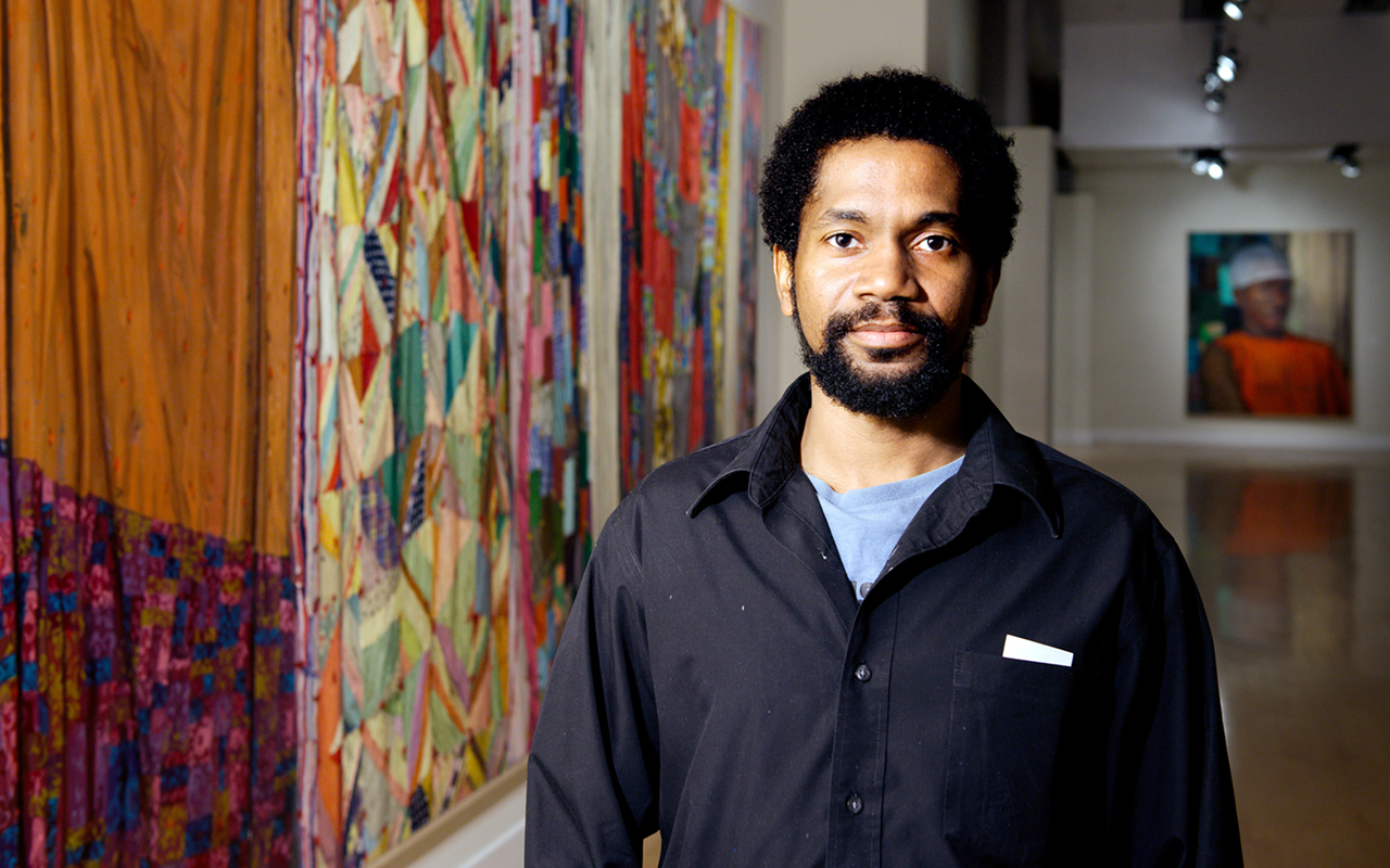 COLTRANE WOULD APPROVE: Sedrick Huckaby with quilt paintings from A Love Supreme (2001-2009).