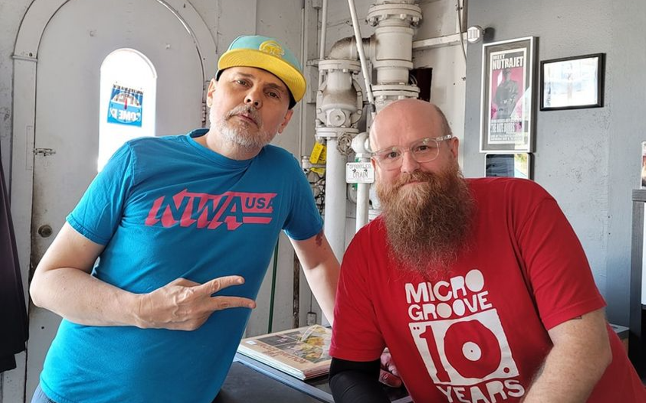 Smashing Pumpkins' Billy Corgan (L) and Microgroove owner Keith Ulrey in Tampa, Florida on Oct. 7, 2022.