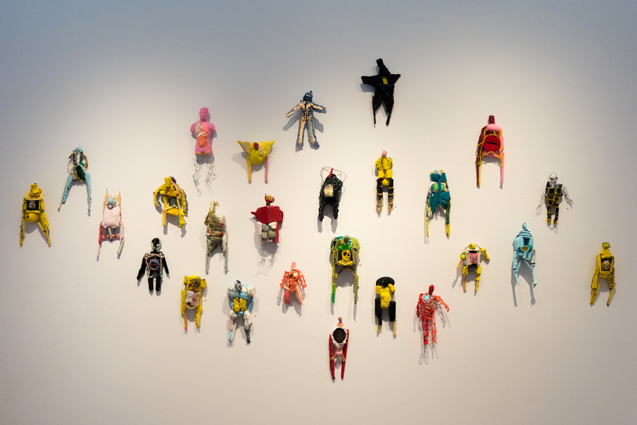 Baxter Koziol's "Actors". 
While we’re on the subject of creepy artwork, is it just me or do Baxter Koziol’s “Actors” look like a bunch of voodoo dolls? Just don’t stick a pin in them, OK? Seriously. Some of these things look like what would happen if you blew up a normal doll, then stitched all the pieces back together with the organs on the outside. Even though it’s definitely more than a little weird, I enjoy seeing stuff like this in art galleries. Sometimes, I worry about the artist, though. Is everything OK at home, Baxter? (Just kidding.) If there is indeed a voodoo reference here, “Actors” is about our personal relationships with spirits.
