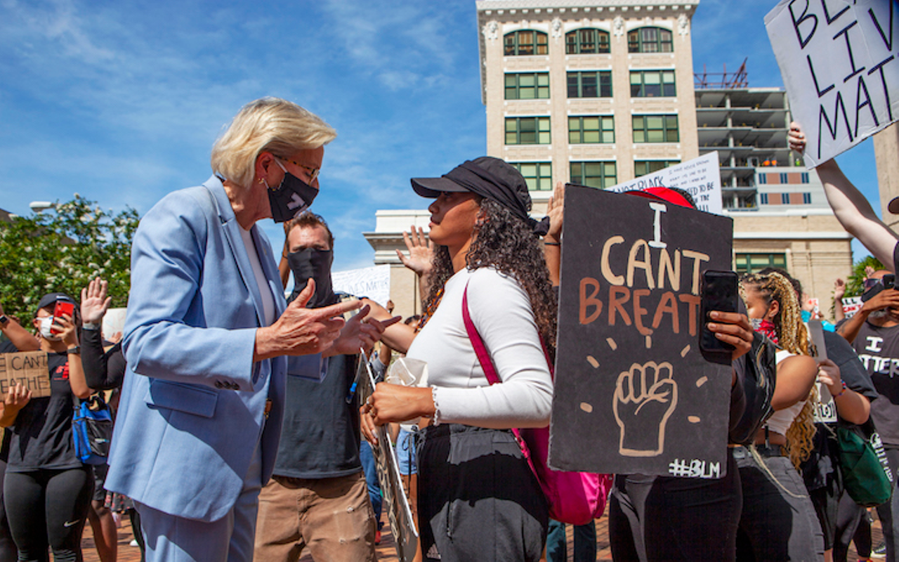 Tampa Mayor Jane Castor talks with protesters outside City Hall on June 2, 2020.