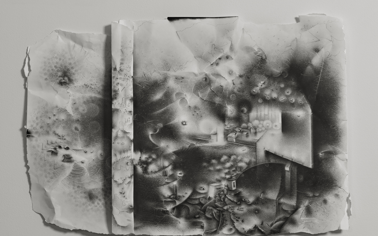SHADES OF GRAY AND BLACK: Charlotte Schultz's "The impossibility of keeping borders: a teeming network of things erupts from within the geological folds of a separation." 