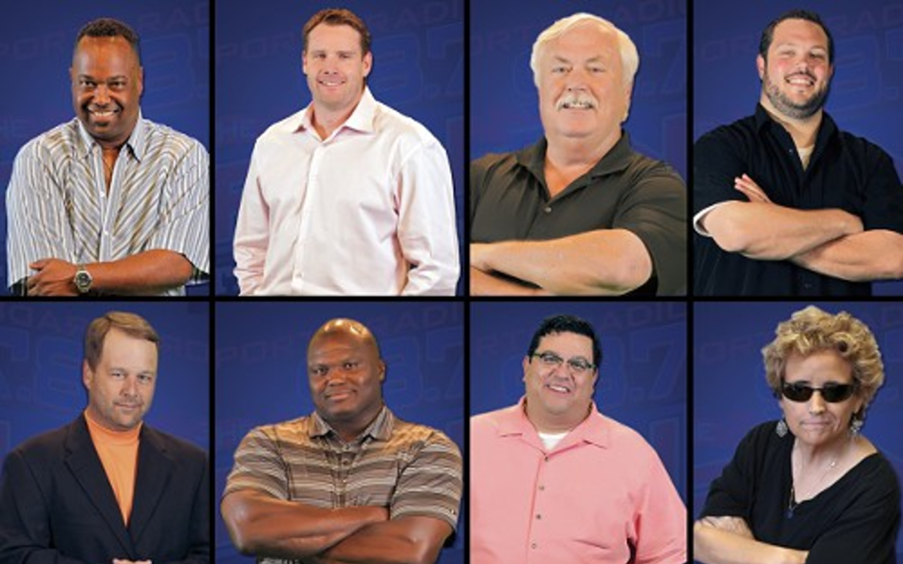 MEET THE HOSTS: From top, left, the Fan's hosts are Kirk McEwen, Chris Dingman, Gary Shelton, Justin Pawlowski, Todd Wright, Anthony “Booger” McFarland, Rich Herrera and Nanci Donnellan, aka “The Fabulous Sports Babe.”