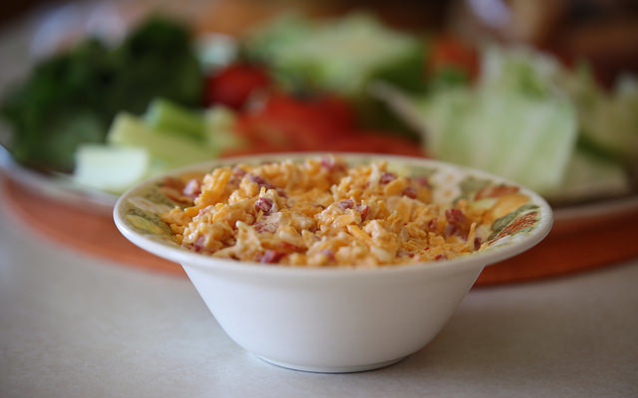 Pimento cheese is traditionally made with Cheddar, mayo and pimientos.