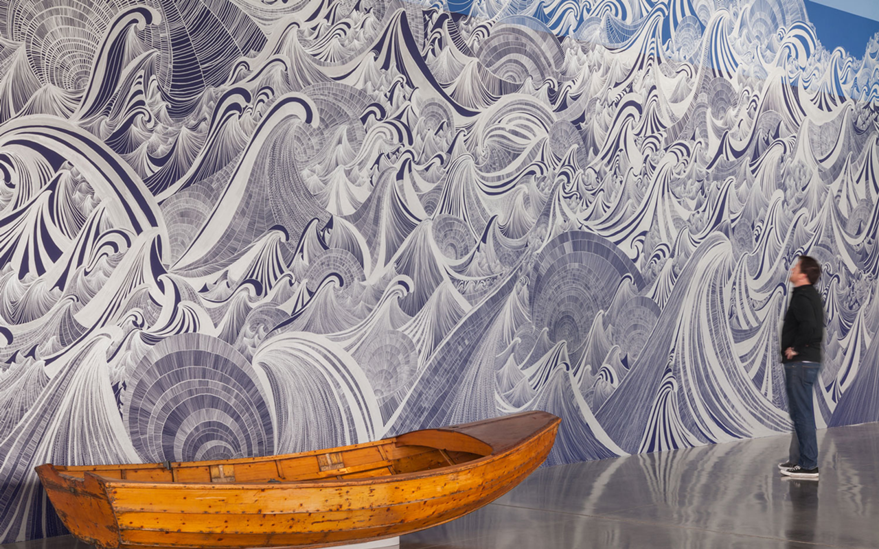 Sandra Cinto's "Encounter of waters"  (2012) features an installation of permanent pen on wall, vinyl cut on wooden boat and variable dimensions, at the Seattle Art Museum, Olympic Sculpture Park Pavilion.