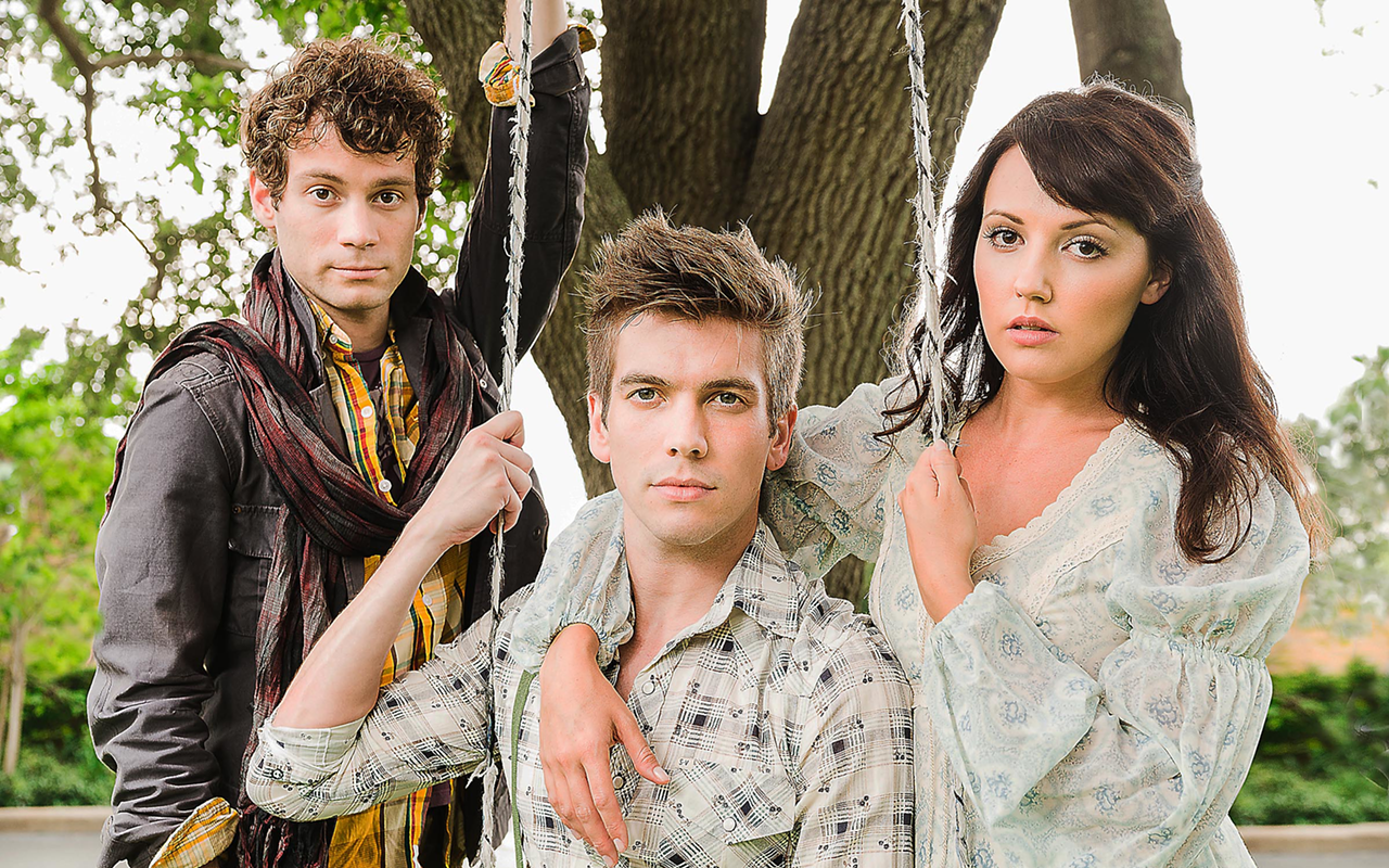 BIZARRE LOVE TRIANGLE: From left, Lucas Wells, Chase Peacock and Rachel Potter get hot and heavy in freeFall’s Spring Awakening.