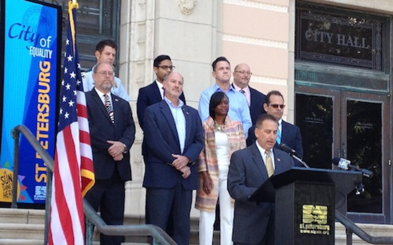 Mayor Rick Kriseman, city officials, and representatives of Equality Florida and the Human Rights Campaign announce St. Pete's perfect score from the steps of City  Hall.