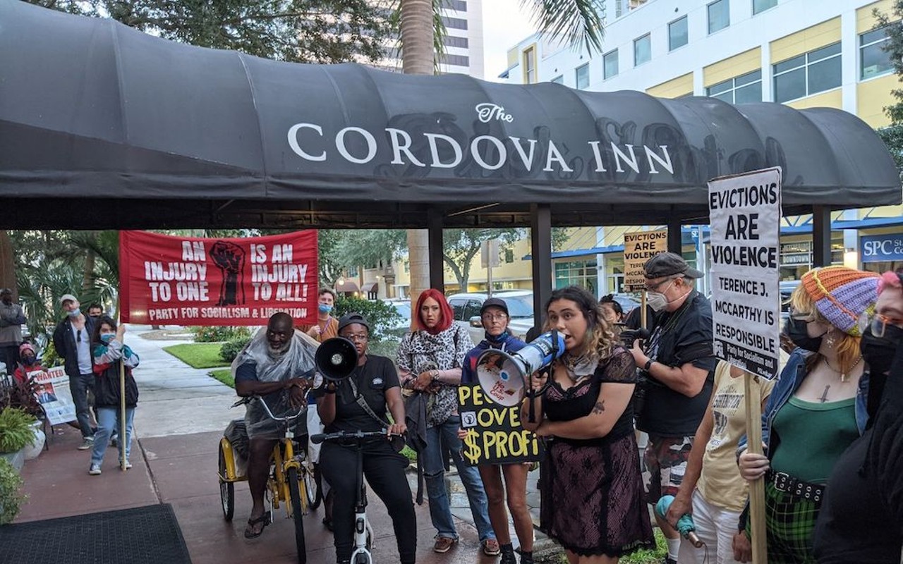 St. Pete People's Council members decry the sudden eviction of renters for Cordova Inn's expansion.