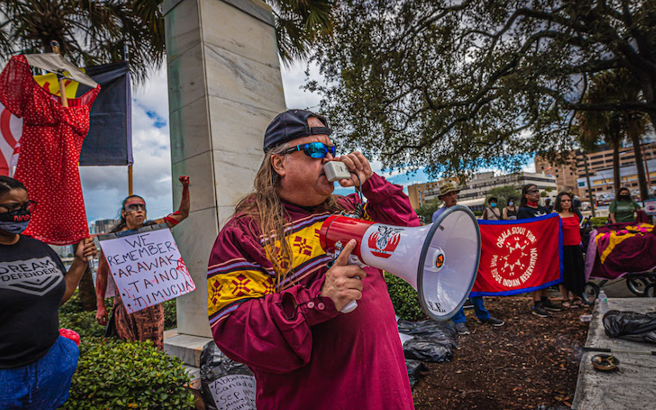 Sheridan Murphy, a coordinator for Florida Indigenous Rights and Environmental Equality, during a protest in Tampa, Florida on Oct. 11, 2020.