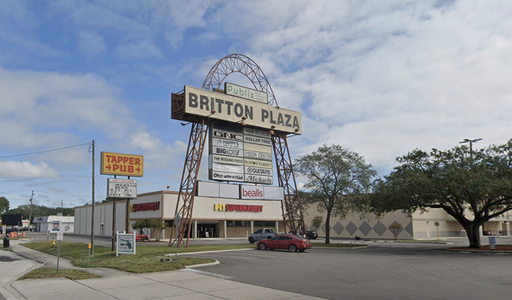 Britton PlazaPlaza Roster Highlights: Play it Again Sports, Tapper Pub, Burlington, Publix, Tampa Buffett Though it's a shell of its former self, Britton Plaza is still one of Tampa's most iconic shopping centers. Sure, the Plaza 8 movie theater was converted into a mega church, and Big Lots, Stein Mart, and Tuesday Morning have all packed up and left. But the 30-acre plaza still has some worthy tenants like Tapper Pub, a decent BCF and the area's best Taco Bell. 3802-3950 S. Dale Mabry Hwy., Tampa