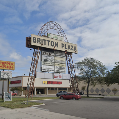 Britton PlazaPlaza Roster Highlights: Play it Again Sports, Tapper Pub, Burlington, Publix, Tampa Buffett Though it's a shell of its former self, Britton Plaza is still one of Tampa's most iconic shopping centers. Sure, the Plaza 8 movie theater was converted into a mega church, and Big Lots, Stein Mart, and Tuesday Morning have all packed up and left. But the 30-acre plaza still has some worthy tenants like Tapper Pub, a decent BCF and the area's best Taco Bell. 3802-3950 S. Dale Mabry Hwy., Tampa