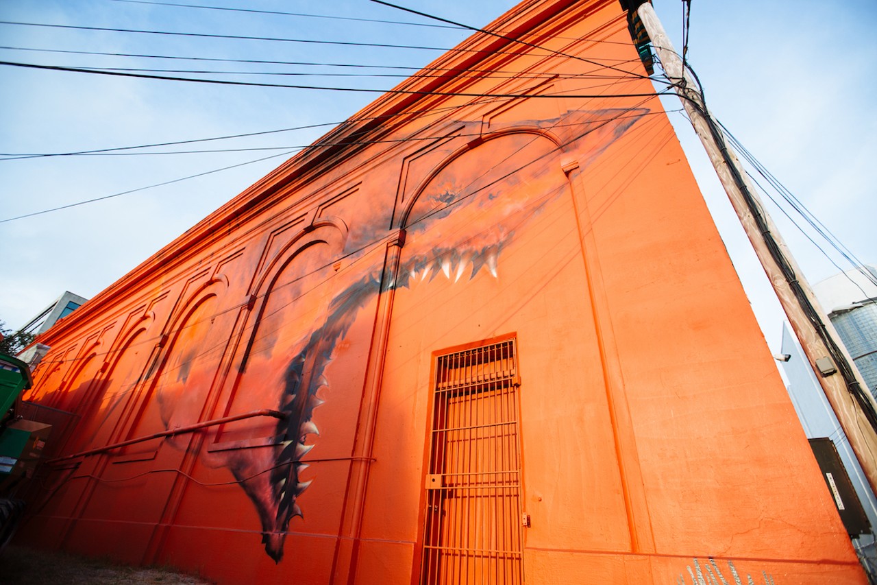 Shark Toof provides one of St. Pete’s best selfie opportunities
687 Central Ave. N, St. Petersburg
Los Angeles-based graffiti artist Shark Toof created one of St. Petersburg’s most iconic and photographed murals in 2015’s inaugural Shine festival (stylized “SHINE”). Have you really been to St. Pete if you haven’t visited the bright red wall on the side of the old State Theatre (now Floridian Social), stood inside the shark’s mouth, and snapped a selfie?Photo via cityofstpete/Flickr