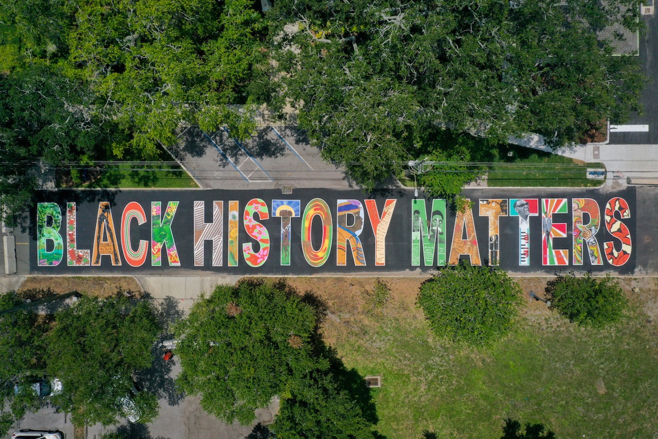 Black History Matters
2240 9th Ave. S, St. Petersburg
It’s shocking that we need a street mural to tell people that Black history matters in 2023, but judging from Ron DeSantis’ actions, we needed this mural. In the wake of DeSantis’ move to cancel AP African American history, 19 local artists (one for each letter of Black History Matters) took to the streets to affirm that, regardless of one governor’s actions, St. Pete knows that Black history matters. Even the darkest chapters of our lives deserve acknowledgment in our history and art.Photo via cityofstpete/Flickr