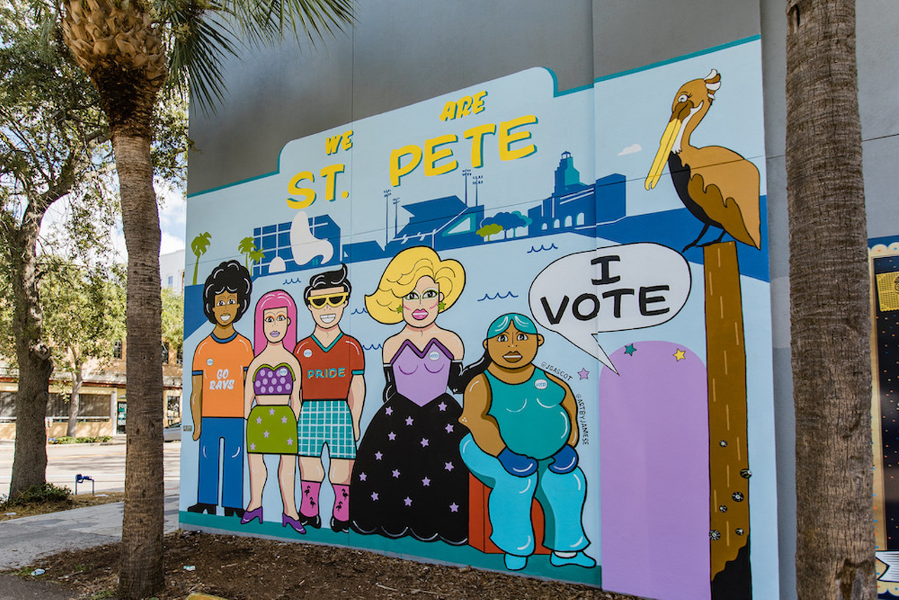 “Diversity in Democracy” reminds St. Pete to get out and vote
556 Central Ave., St. Petersburg
John Gascot doesn’t exactly consider himself a muralist.
“I haven’t done that many,” Gascot told CL in a phone interview. “They’re physically demanding, so I pick and choose.”
But when the League of Women Voters reached out to Gascot to make a mural encouraging LGBTQ individuals to vote in 2020, he couldn’t pass up the opportunity. “Diversity in Democracy” features five individuals of varying skin tones and genders next to a selfie station with a speech bubble that reads, “I vote.”
“We have such a diverse city that I really wanted everybody to feel connected to [this mural],” says Gascot. “And if you don’t see yourself in that mural, that’s why there’s a spot for you to insert yourself in it and have your picture taken.”Photo via cityofstpete/Flickr